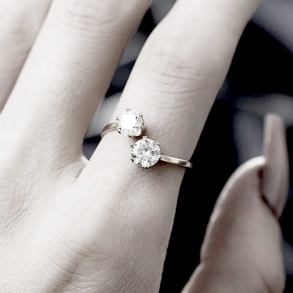 Silver Adjustable Two Stone Zircon Ring Unique Nwt - image 1